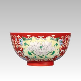 A peony pattern bowl made by the Qing Dynasty Yongzheng Imperial Coral Red Ground Open Window