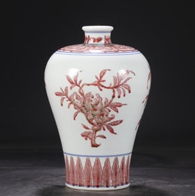 A Qing Dynasty Yongzheng blue and white glaze red folded branch three multi-patterned plum bottles