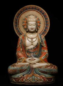 A Tang Dynasty white jade painted Buddha