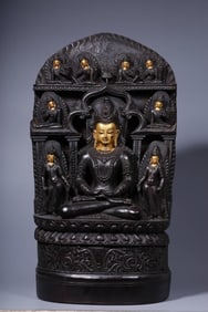 A Qing Dynasty rosewood mud gold longevity Buddha Buddha board