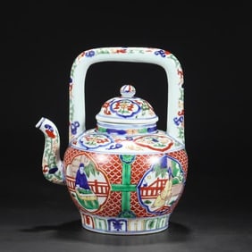 A Ming Dynasty Jiajing blue and white colorful window opening character story Tiliang pot