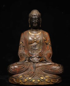 A Tang Dynasty bluestone painted Buddha statue of Shakyamuni