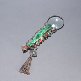 A Qing Dynasty sterling silver inlaid jade makeup mirror