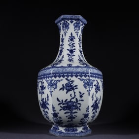 A Qing Dynasty Qianlong blue and white fruit pattern hexagonal bottle