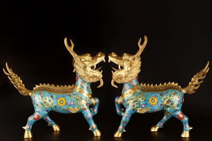 A pair of Qing Dynasty copper gilt gold Jingtai basket unicorns