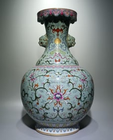 A piece of Qing Dynasty Qianlong pastel bean celadon passionflower pattern turn-mouthed beast ears