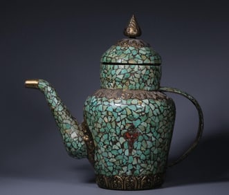 A Qing Dynasty copper-inlaid turquoise pot