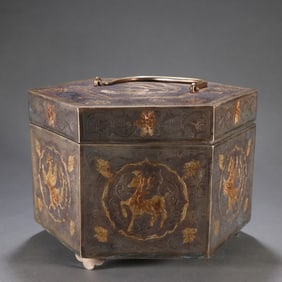 A Qing Dynasty copper gilt phoenix pattern hexagonal lid box