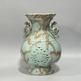 A Qing Qianlong pastel turquoise green glazed stone pattern carved wisp hollow Fushou bat amphora