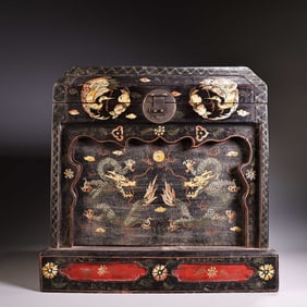 A depiction of gold, wood, and lacquerware cabinets and boxes