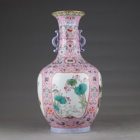 A Qing Qianlong color powder ground passionflower window four seasons flower amphora