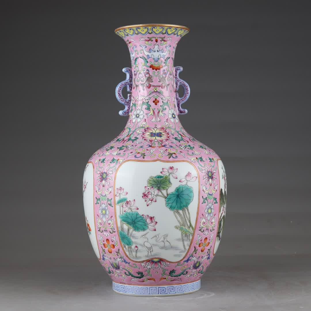 A Qing Qianlong color powder ground passionflower window four seasons flower amphora: Qing Qianlong foreign color pink ground passionflower window four seasons flower amphora SIZE: H: 32.5cm Belly diameter 18cm (The Dimensions Of All Batches Are Manually Measured.If You Need More Detai