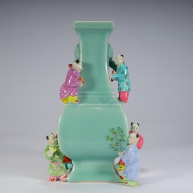 Qing Dynasty pastel (or bean blue glaze) stacked "Wuzi Dengke" patterned square bottle