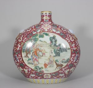 A Qing Dynasty Qianlong pastel carmine eight-treasure pattern window story moon bottle