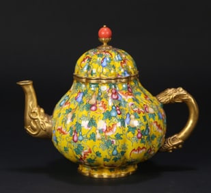 A Qing Dynasty copper tire painting enamel "many children and many blessings" dragon hand melon edge