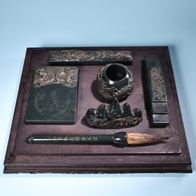 A set of old Hetian green jade carving jade carving stationery supplies