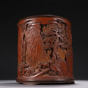 A Qing Dynasty Shiqixiang bamboo carving mountain pine picture character story pen holder