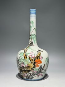 A piece of Qing Yongzheng pastel emerald edge apricot forest spring swallow picture long-necked gall