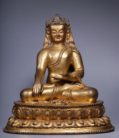 A seated statue of the Buddha with a copper gilt crown in the Qing Dynasty
