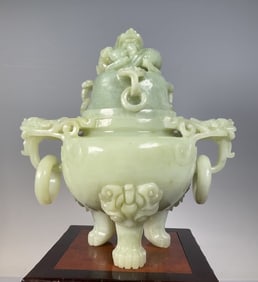 A late Qing jade carved dragon button three-legged incense burner
