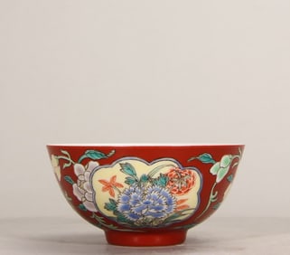 A Qing Dynasty Yongzheng alum red enamel color Sanqiu tea garden