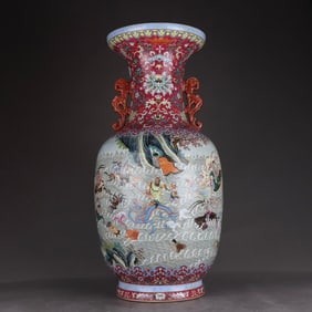 A piece of Qing Qianlong upper and lower carmine red ground, pastel Tongjing Eight Immortals