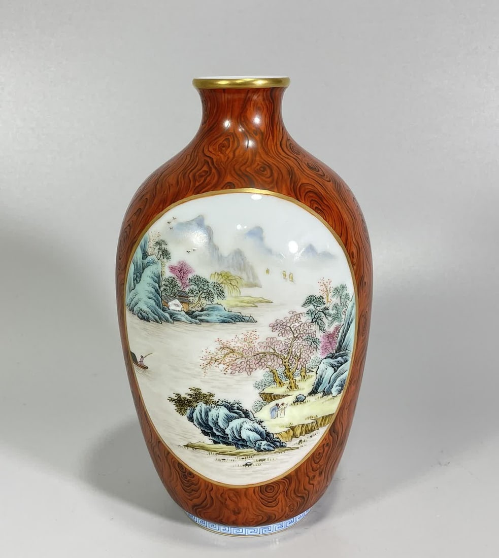 A Yongzheng imperial wood grain glazed window pastel landscape painting gold plum vase: Yongzheng imperial wood grain glaze window pastel landscape painting plum vase SIZE: H: 18.7cm Belly diameter 11cm (The Dimensions Of All Batches Are Manually Measured.If You Need More Detailed Inform