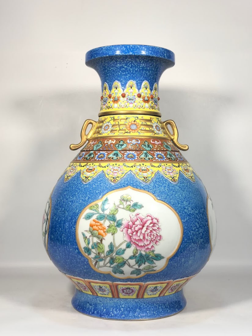 A Qing Qianlong enamel snowflake blue glaze open window four seasons flower turning heart vase: Qing Qianlong enamel color snowflake blue glaze open window four seasons flower turning heart vase SIZE: H:49 MouthD:17 Belly diameter 32 Foot diameter 22 (The Dimensions Of All Batches Are Manually M