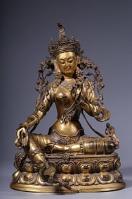 A seated statue of Tara, a bronze gilt green Tara, from the Qing Dynasty