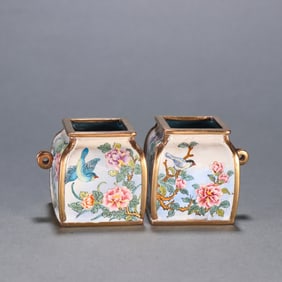 A pair of Qing Dynasty copper gilt paintings enamel flowers and birds with water bowls
