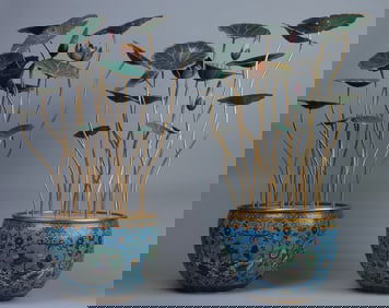 A pair of Qing Dynasty court-style cloisonné lotus bonsai