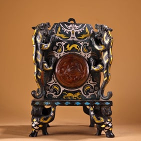 A bronze box with gold and silver inlaid gemstones turquoise square four dragon lid boxes
