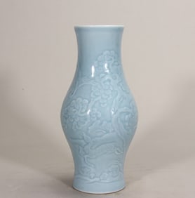 A Qing Dynasty Kangxi sky blue glaze carved deer crane with spring olive bottle
