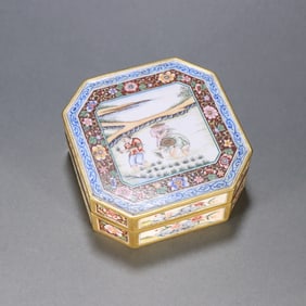 A Qing Dynasty copper gilt painting enamel character story cover box