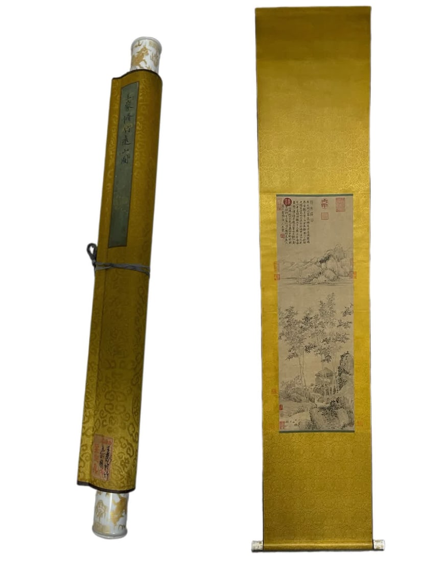 A picture of Wang Meng's "Repairing Bamboo Far Mountain" (with porcelain shaft): Wang Meng's "Repairing Bamboo Far Mountain Map" (with porcelain shaft head) SIZE: 30.5x94.5cm (The Dimensions Of All Batches Are Manually Measured.If You Need More Detailed Information, Please Contact