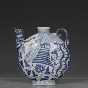 A Yuan blue and white phoenix head flat pot