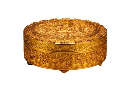 A Qing Dynasty copper gilt inlaid with a hundred treasure dragon pattern box