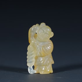 Qing Dynasty agate pretty "boy holding lotus" pendant