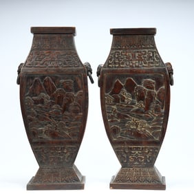 Qing Dynasty agarwood carving "landscape pattern square bottle (pairs)