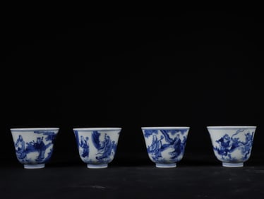 A set of Qing Dynasty Kangxi blue and white blue and white immortal character cups
