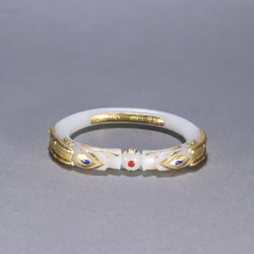 A Qing Dynasty Hetian jade-wrapped pure gold two-dragon bite bead bracelet