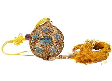 A Qing Dynasty silver-gilt emerald sachet