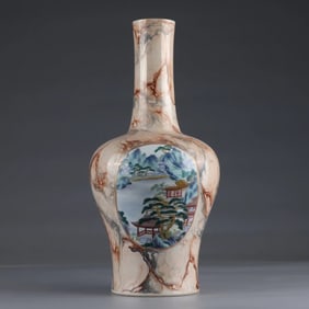 A Qing Yongzheng stone pattern window pastel landscape poetry vase