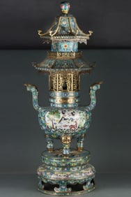 A pair of copper tire cloisonné five-story pagoda smokers made in the Qianlong period of the Qing