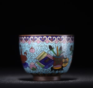 A clear copper tired cloisonné enamel Bogu pattern teacup