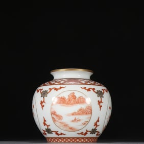 A Qing Dynasty alum red gold-painted window landscape figure pomegranate statue