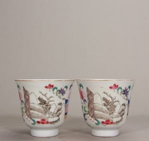 A pair of Qing Dynasty Yongzheng pastel landscape bell cups