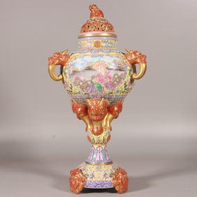 A piece of Qing Dynasty Longgan enamel colorful yellow ground window Western figure three-legged