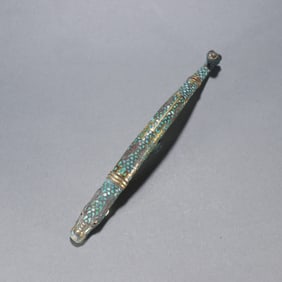 A Han Dynasty copper cuo gold inlaid turquoise with a hook