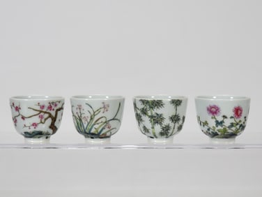 A set of enamel colored plum orchids and bamboo chrysanthemums made in the Kangxi Dynasty of the